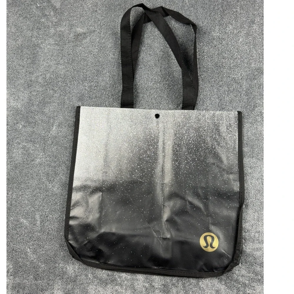 Lululemon Reusable Shopper Tote Bag‎ Black White Speckled Gold Logo Medium
